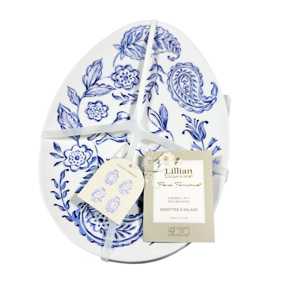 NEW Lillian August FRENCH FARMHOUSE Egg Shaped Melamine Salad Plates Set/4